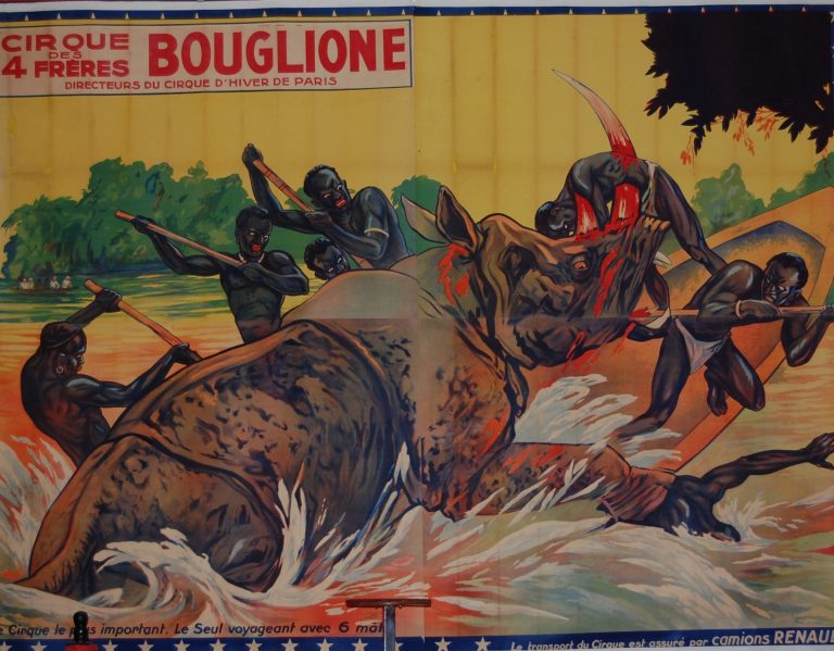 Affiche du cirque 4 Frères Bouglione Affiche grandiose décrivant une chasse à l'hippopotame en Afrique du cirque des 4 Frères Bouglione